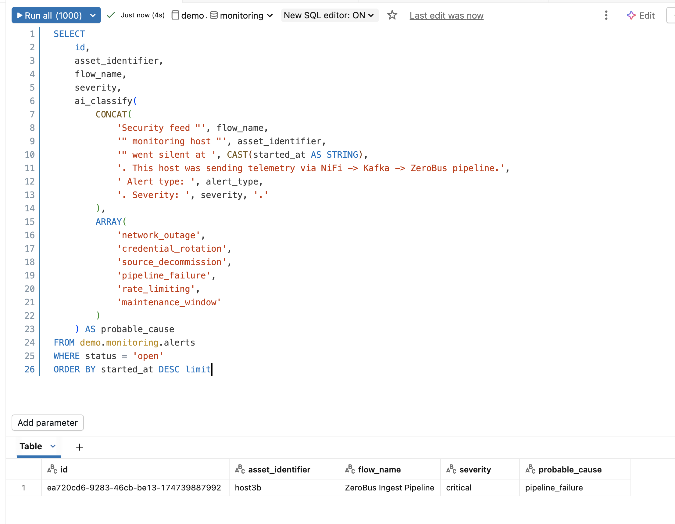 AI classify results showing probable cause for each alert