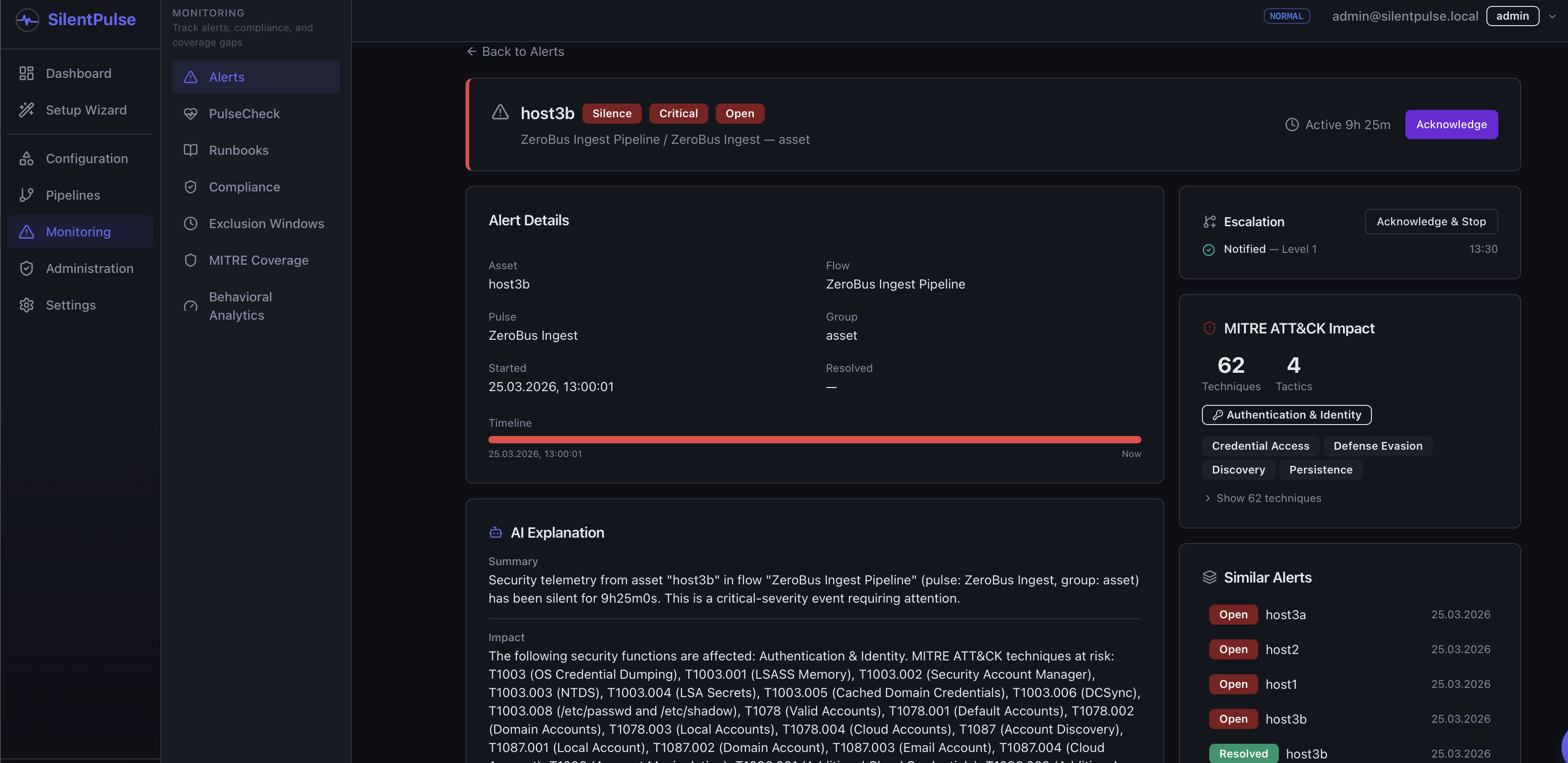 SilentPulse UI showing silence alert for host3b